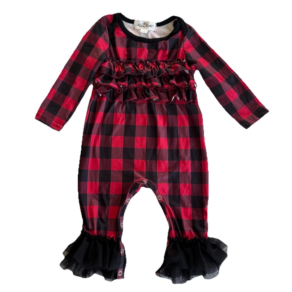 Marie Nicole Clothing Ruffled‎ One Piece Romper Girls 6-12M Red & Black Plaid